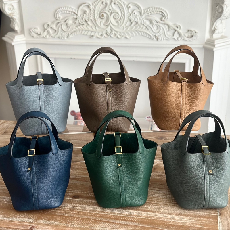 Imported Tc Cowhide Basket Bucket Bag, Semi-Handmade with Wax Thread, 18/22cm, Lychee Pattern, Elephant Gray, Pewter Gray
