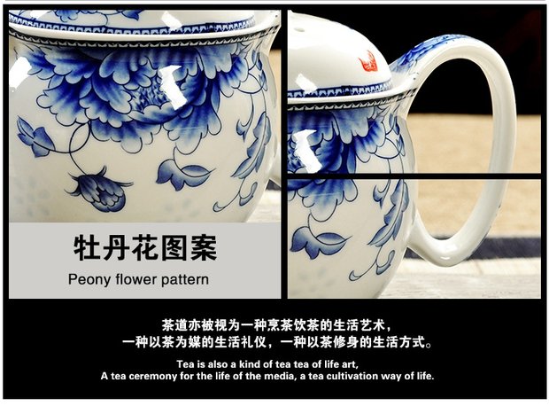 Ấm trà lớn bằng gốm Bình lớn Bộ ấm trà Kung Fu Jingdezhen Pinhao Cup Hill Nước màu xanh và trắng Xương sứ - Trà sứ bộ ấm trà decopro