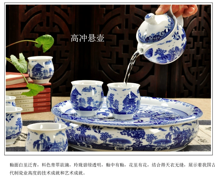 Ưu đãi đặc biệt Jingdezhen Ấm trà sứ màu xanh và trắng Bộ đầy đủ của Ice Cracked Tea Tea Khay Double Tea Cup Tea Set - Trà sứ