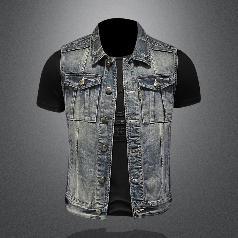 European Street Rock Music Trendy Men's Summer Layered Biker Denim Vest Retro Slim Fit Vest Stylish