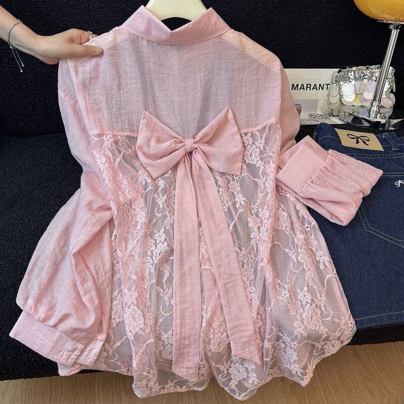 Korean Style ins New Summer Hollow-Out Backless Lace Patchwork High-End Shirt for Women 2026 Sun Protection Top