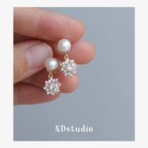 ND Ear-free Ear Clip Woman 14K Bag Gold Super Shiny Zircon Sun Flowers No Pain Silicone Mosquito Coil Pan Pearl Earrings