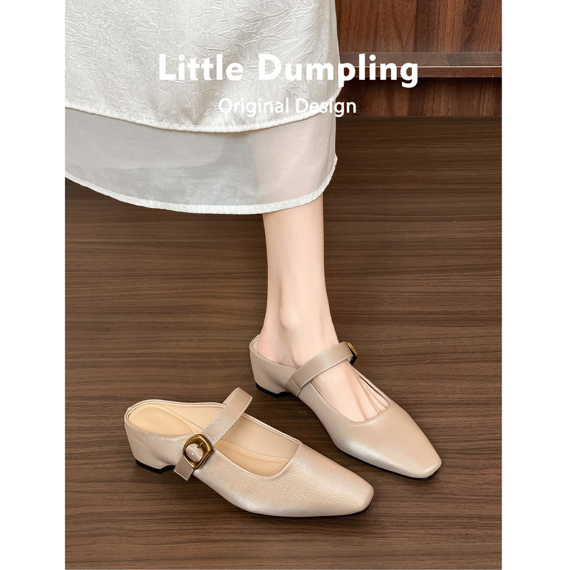 Sheepskin Version~5Cm Height-Increasing Heelless Slip-On Soft-Soled Mule Sandals for Women with Square Toe and Metal Strap