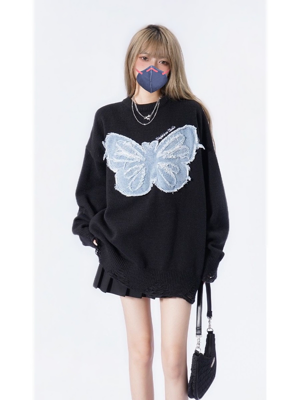 American Retro Patchwork Butterfly Distressed Sweater for Women 2023 Winter Korean Style Lazy Mori Girl Vibe Japanese Knitwear American Retro Patchwork Butterfly Distressed Sweater for Women 2023 Winter Korean Style Lazy Mori Girl Vibe Japanese Knitwear