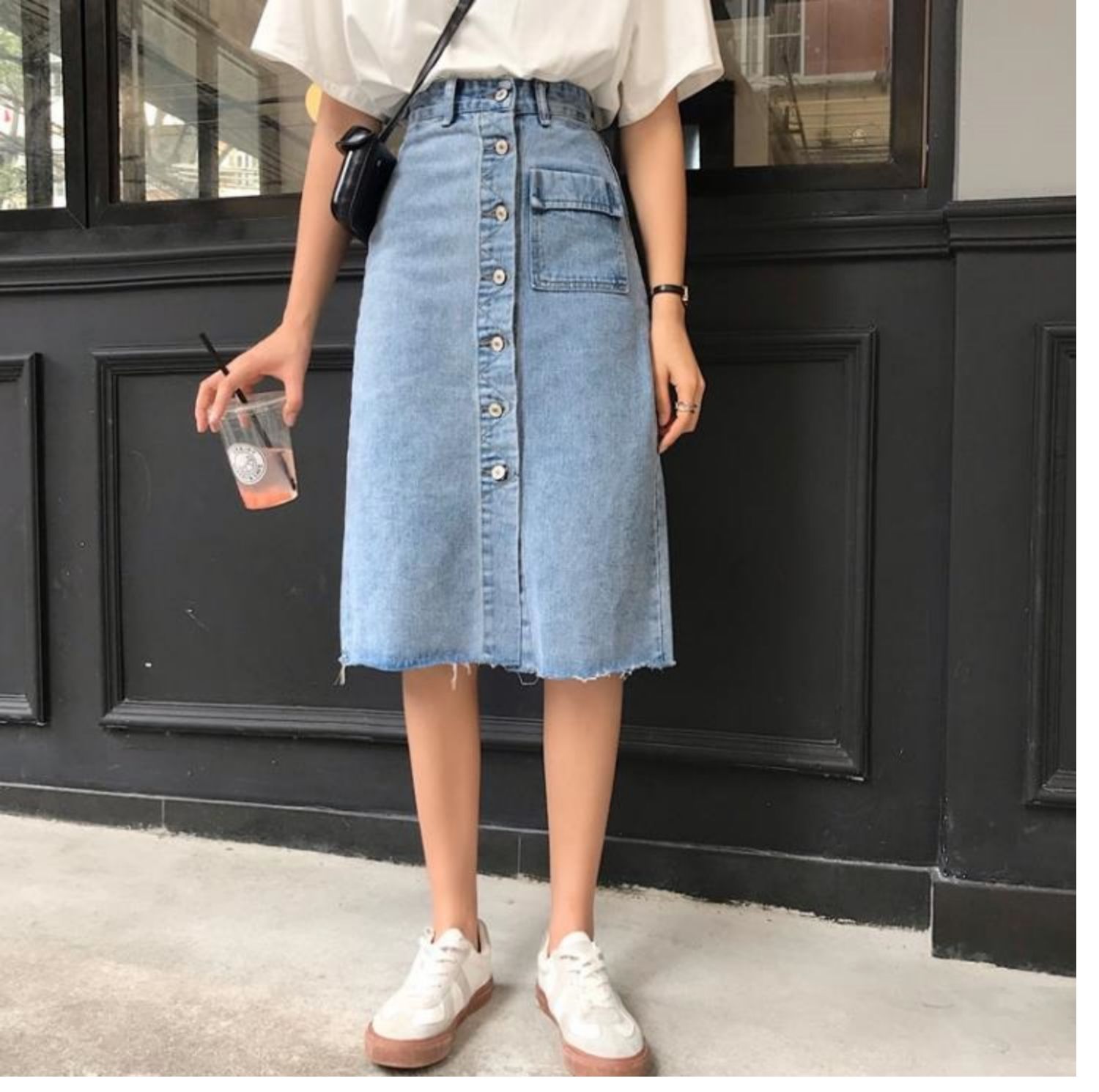 Váy denim nửa dài mùa hè 2019 mới váy đơn ngực nữ dài phần một chữ váy eo cao nữ qua đầu gối - Váy chân váy đẹp hàn quốc