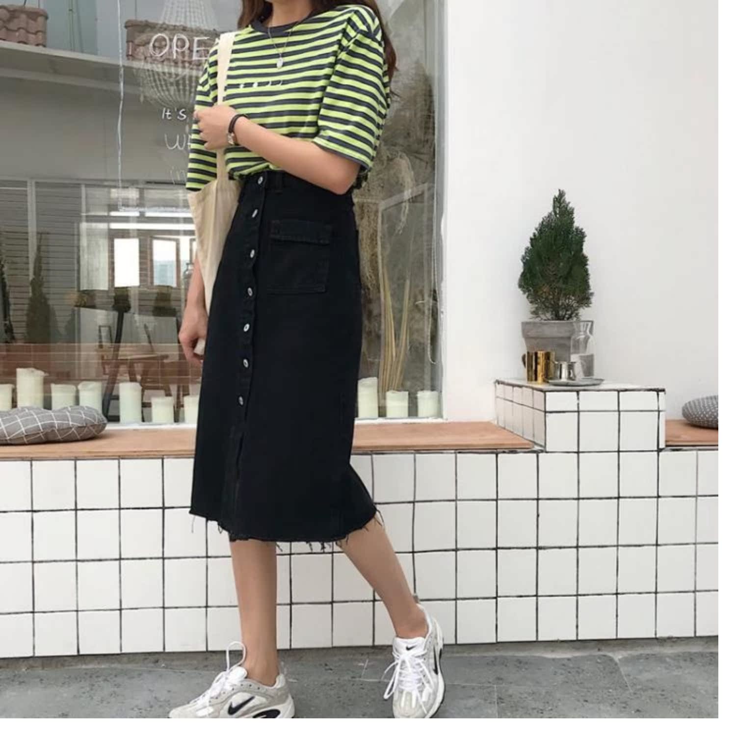 Váy denim nửa dài mùa hè 2019 mới váy đơn ngực nữ dài phần một chữ váy eo cao nữ qua đầu gối - Váy chân váy đẹp hàn quốc