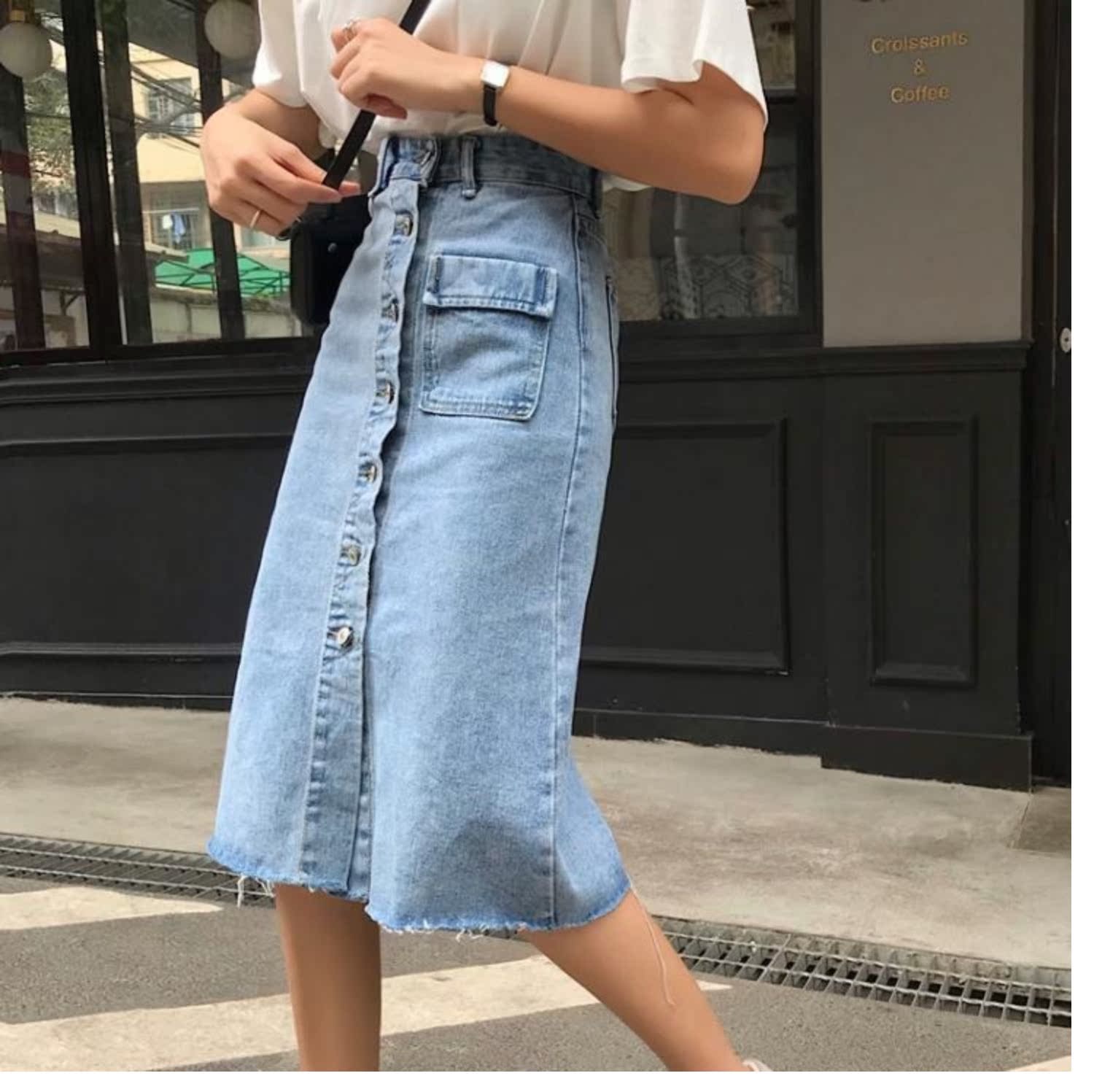 Váy denim nửa dài mùa hè 2019 mới váy đơn ngực nữ dài phần một chữ váy eo cao nữ qua đầu gối - Váy chân váy đẹp hàn quốc