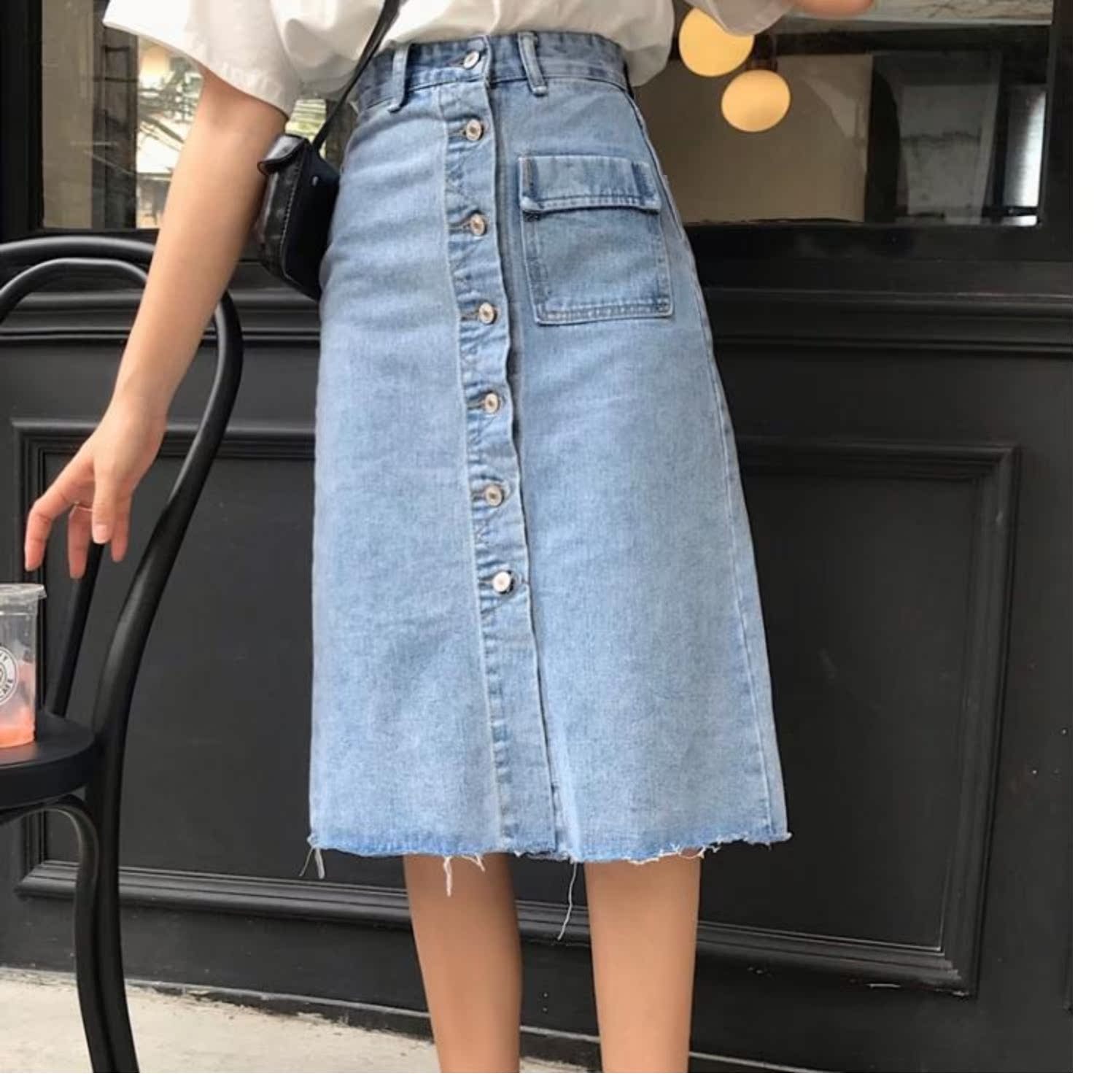 Váy denim nửa dài mùa hè 2019 mới váy đơn ngực nữ dài phần một chữ váy eo cao nữ qua đầu gối - Váy chân váy đẹp hàn quốc