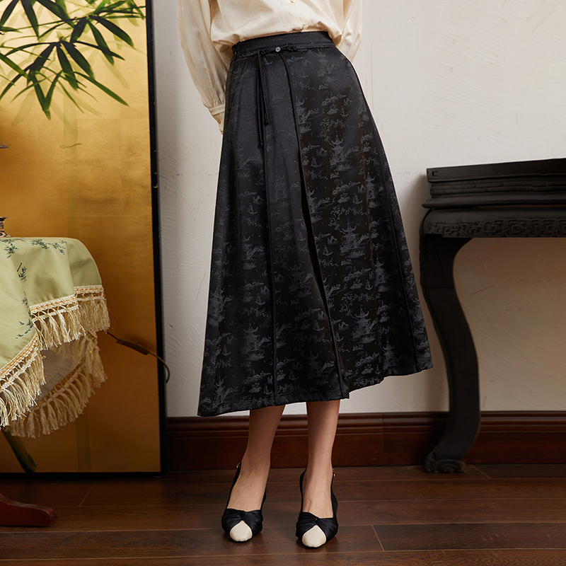 Pinyu [Qingchuan Daiwu] New Chinese-Style Black Half-Length Skirt for Women 2025 New Spring and Autumn High-Waisted Slimming Pleated Skirt
