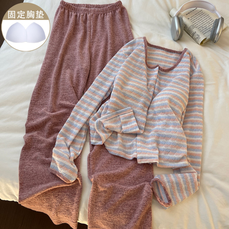Victoria Pure Cotton Pajamas for Women 2026 New Autumn Style Striped Cardigan with Chest Pads, Long-Sleeved Home Wear That Can Be Worn Outside