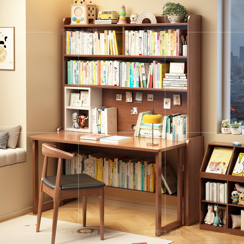 Solid Wood Foldable Desk with Bookshelf Integrated, Simple Home Office Desk, Children's Study Desk, Small Apartment Retractable Computer Desk