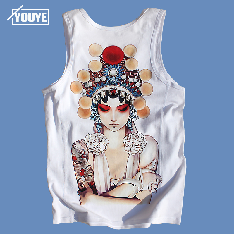 Chinese style summer beach men's vest white cotton slim fit fitness sports base sleeveless I-shaped vest