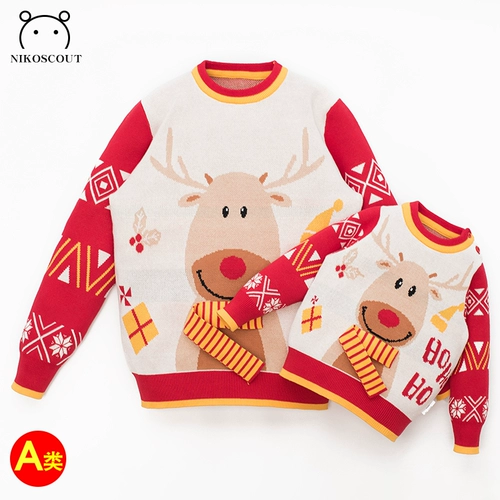 Рождественский зимний детский красный цветной элитный трикотажный свитер, семейный стиль