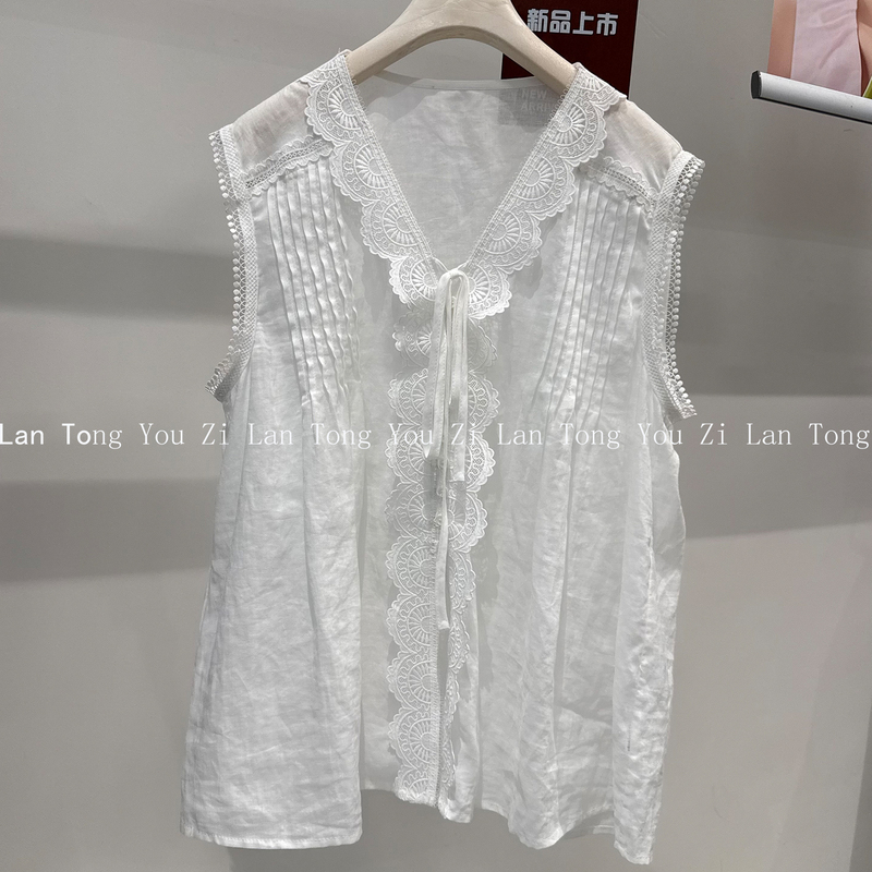 High-End European Summer New Lace-Up V-Neck Lace Trim Patchwork Sleeveless Ramie Shirt Top for Women Trendy Blouse High-End European Summer New Lace-Up V-Neck Lace Trim Patchwork Sleeveless Ramie Shirt Top for Women Trendy Blouse