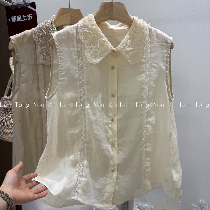 Ltyz European Goods 2026 Summer New Style Lapel Lace Crochet Single-Breasted Ramie Sleeveless Vest Shirt Women's Top Ltyz European Goods 2026 Summer New Style Lapel Lace Crochet Single-Breasted Ramie Sleeveless Vest Shirt Women's Top