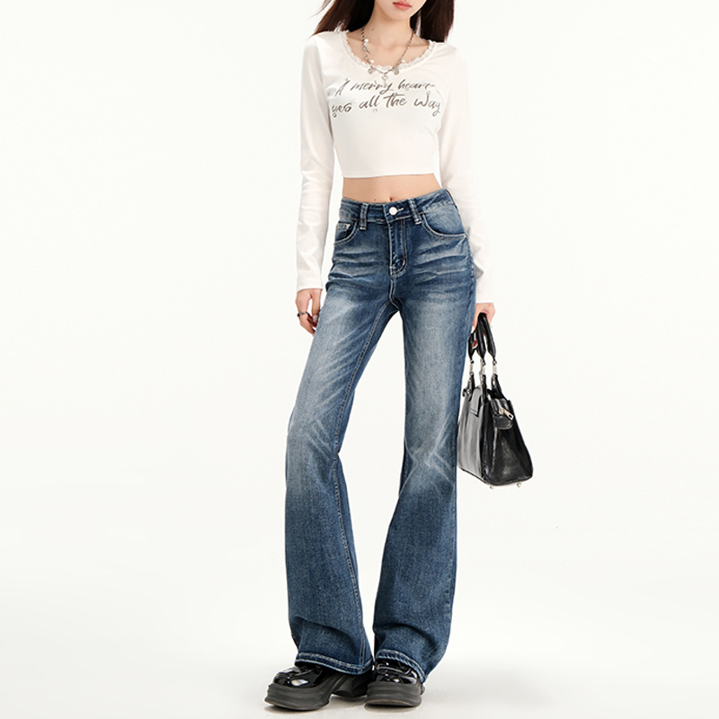 Tall Women's Extended-Length Blue Straight-Leg Jeans, 2025 Autumn/Winter New Style, Washed Frayed Narrow-Fit Jeans