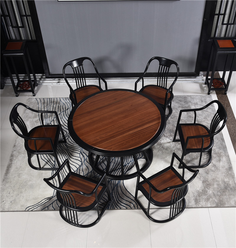 New Chinese round table dining table and chair combination model room Zen solid wood dining table villa dining room Chinese furniture dining table and chairs - Taobao