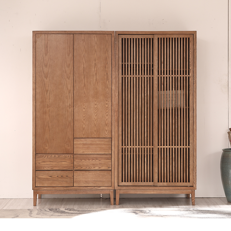 Chinese style wardrobe solid wood new Chinese style sliding door Zen open door bedroom wardrobe modern economical furniture customization