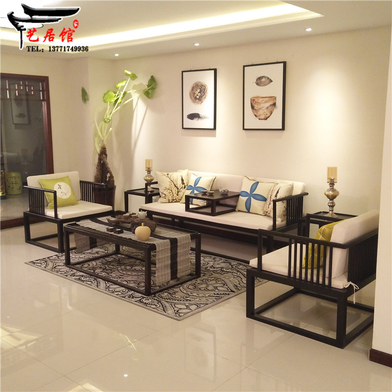 New Chinese style minimalist sofa living room solid wood furniture model room sofa sale building model room Zen furniture combination