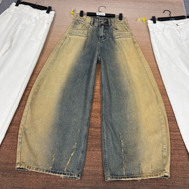 # T8-20707 High-Quality American-Style Wasteland-Inspired Double-Button High-Waisted Gradient Stylish Wide-Leg Knife-Cut Pants for Women, Non-Stretch