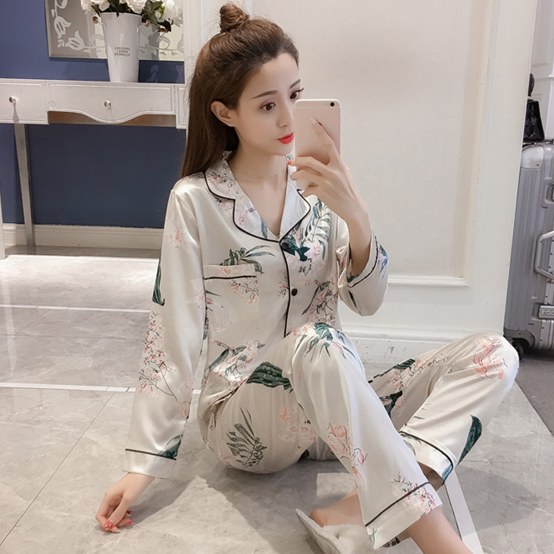 Pajamas for Women, Spring and Autumn, Long-Sleeved, Thin, Imitation Silk, Ice Silk, Large Size Set, Chiffon, Sweet, Casual Home Wear