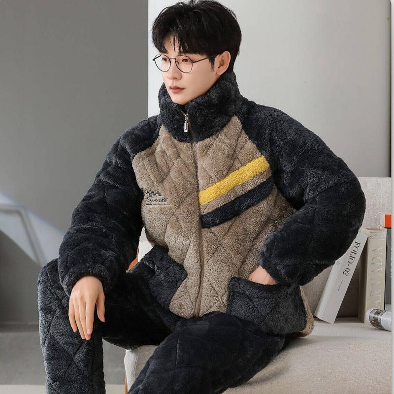 Men's Pajamas, Winter Thickeneded Three-Layer Quilted Zipper Style, Flannel Coral Velvet Cotton Jacket, Youth High-End Home Wear Men's Pajamas, Winter Thickeneded Three-Layer Quilted Zipper Style, Flannel Coral Velvet Cotton Jacket, Youth High-End Home Wear