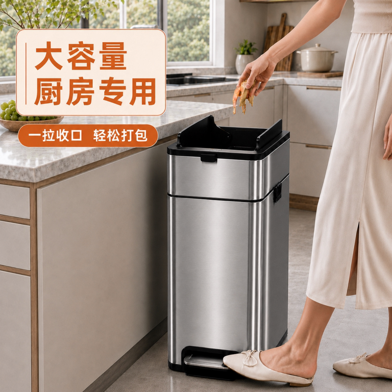 Kitchen Trash Can for Home Use with Lid, Stainless Steel, Foot-Operated, for Bathroom, Living Room, Bedroom, Automatic Bagging, Large Size Kitchen Trash Can for Home Use with Lid, Stainless Steel, Foot-Operated, for Bathroom, Living Room, Bedroom, Automatic Bagging, Large Size