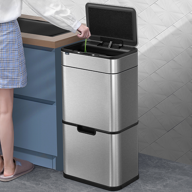 Kitchen Sorting Trash Can, Smart Sensor Type, Household, Light Luxury, Stainless Steel with Lid, Large Capacity, Double-Layer Dry and Wet Separation