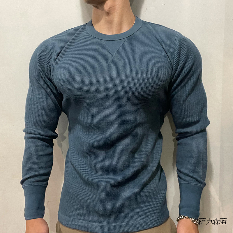 New Sports Casual Solid Color High-Quality Pure Cotton Figure-Flattering Waffle Knit Slim-Fit Crew Neck Long-Sleeve T-Shirt for Men