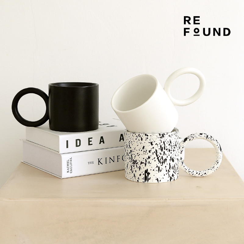 ReFound niche black and white ink dot big round handle coffee cup Nordic mug fashionable design ceramic water cup