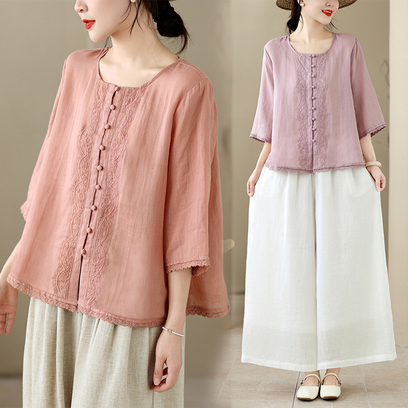 High-End Artistic Style Lace Patchwork Round-Neck Cotton-Linen Shirt for Women, Summer Plus-Size Three-Quarter Sleeve Linen Top High-End Artistic Style Lace Patchwork Round-Neck Cotton-Linen Shirt for Women, Summer Plus-Size Three-Quarter Sleeve Linen Top