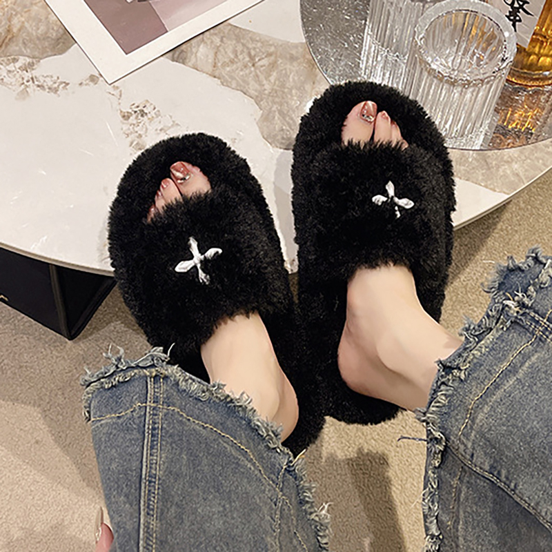 Cross-Shaped Black Furry Slippers for Women, Suitable for Outdoor Wear, 2025 New Model, Flat-Soled Home Plush Cotton Slippers, Slip-On Style