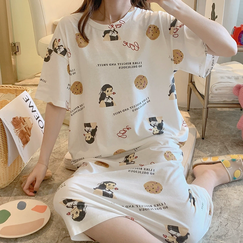 Bộ đồ ngủ bằng vải cotton tinh khiết Nhật Bản phụ nữ mùa hè mỏng ngắn tay dễ thương in hoạt hình mùa hè in gió dịch vụ tại nhà - Đêm đầm