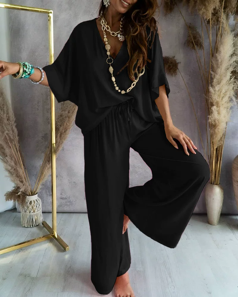 Повседневный комплект блузка с рукавами-лепестками и брюками BATWING SLEEVE TOP & Casual Pants Set