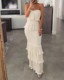 BandeauShirredRuffleHemLayeredDress Strapless Pressed Ruffled Long Skirt