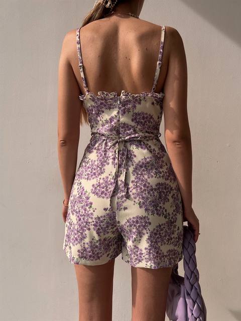 DitsyFloralPrintTiedFrillRomper floral pleated drawstring waist jumpsuit for women