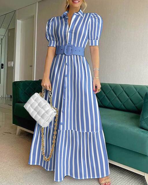 Women Striped Print Puff Sleeve Dress Striped Puff Sleeve Shirt Dress