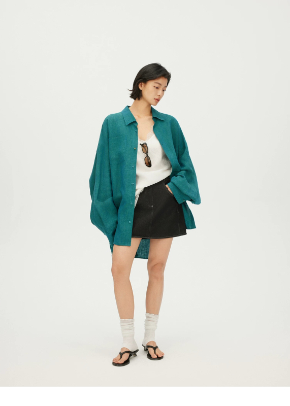 Heavy Industry 2026 Spring/Summer Back Knot Slit Two-Tone Woven Loose Plus Size Sun Protection Linen Shirt Women's Top