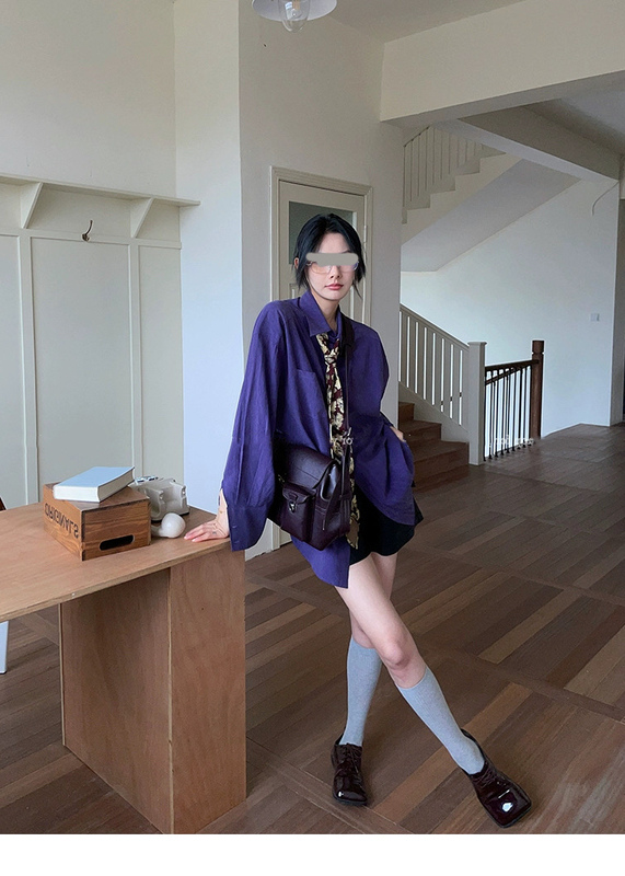 Early Spring New Style Mysterious Purple 100% Lyocell Sand-Washed Silhouette Long-Sleeved Shirt for Women Loose Casual Unisex Top