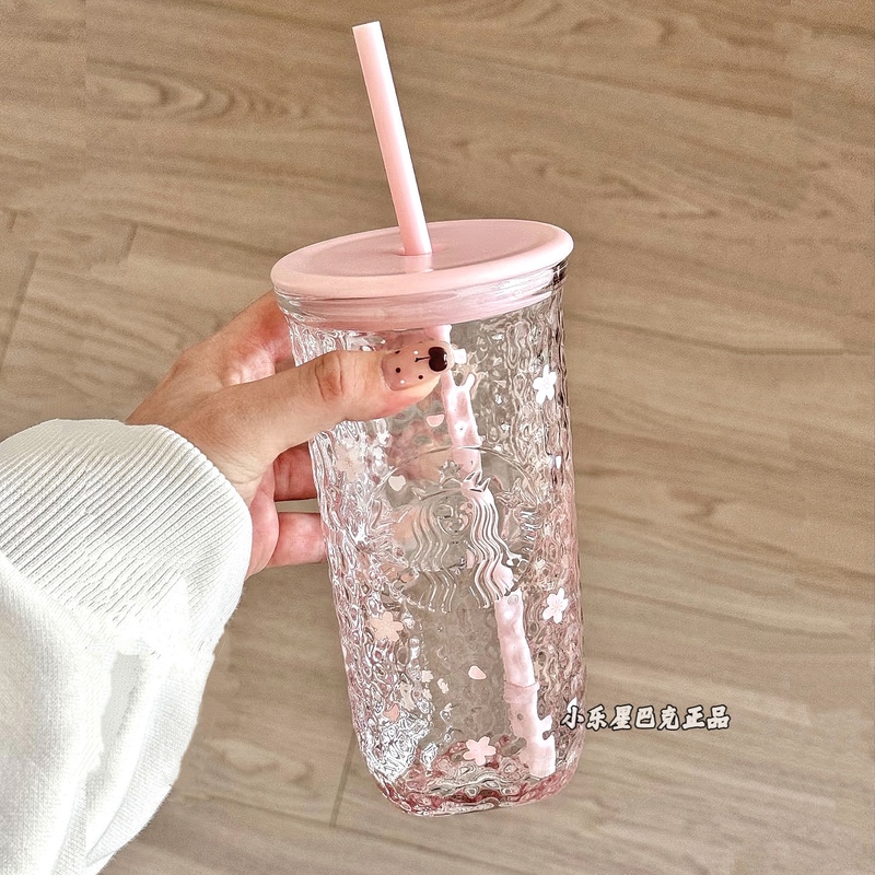Starbucks Cup New Triangular Cup Spring Sakura Cute Pet Series Glass Straw Cup Girlfriend Gift Souvenir Water Cup
