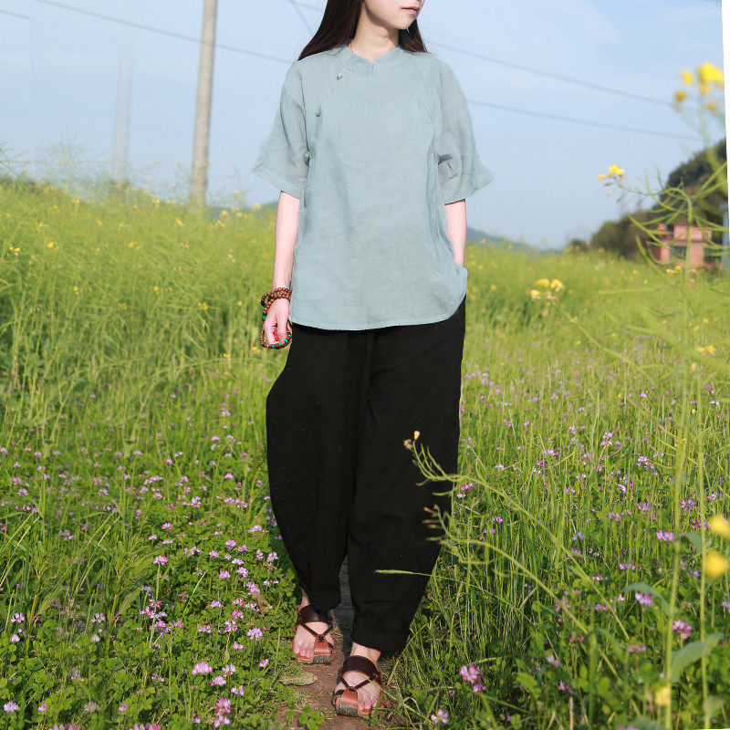 棉麻上衣女夏汉服改良民族风短袖唐装中国风女装中式盘扣禅意茶服