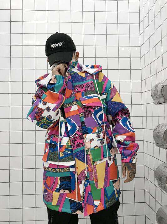 Guochao mùa đông mặc graffiti in ấn dài trùm đầu áo bông nam giới và phụ nữ vài mô hình hip hop lỏng dày bông áo áo phao dáng dài
