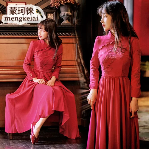 Легкое демисезонное ципао, приталенный ретро красный корсет, светлый стиль