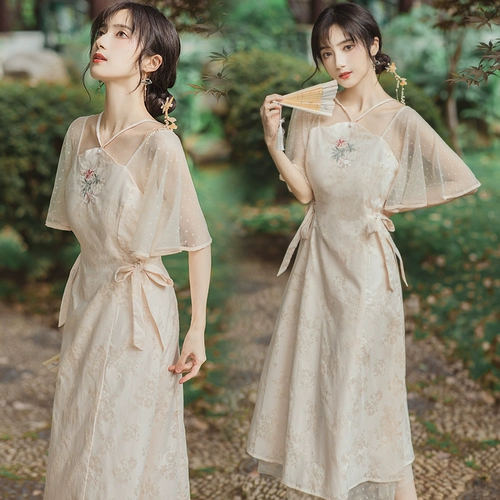 Летняя ретро юбка, мегафон, платье с рукавами, китайский стиль, с вышивкой