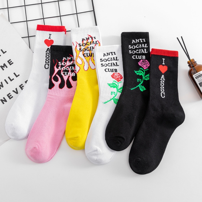 Unique Designer Socks for Men and Women, Pink Flame Rose Running Sports Socks, Trendy Brand Letter Long Socks Paired with Shark Pants