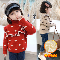 Girls turtleneck sweater autumn and winter baby pullover Korean version knitted sweater childrens polka dot plus velvet thick foreign sweater