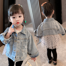 Girls denim jacket spring and autumn fashion Korean version 2-3 years old 5 childrens mesh stitching denim long-sleeved baby top trendy