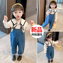 Girls autumn denim overalls suit 2021 new style childrens Korean version long-sleeved shirt pants two-piece set