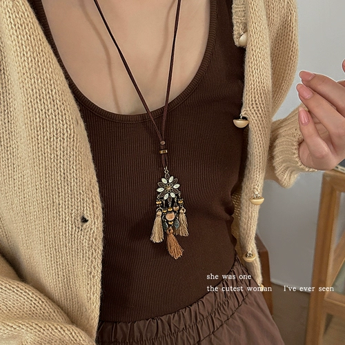 Женское колье с кисточками в богемном коричневом стиле в стиле ретро, ​​цепочка на ключицу в экзотическом этническом стиле, цепочка-подвеска-свитер, длинная версия