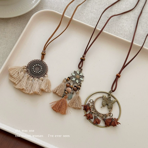 Женское колье с кисточками в богемном коричневом стиле в стиле ретро, ​​цепочка на ключицу в экзотическом этническом стиле, цепочка-подвеска-свитер, длинная версия